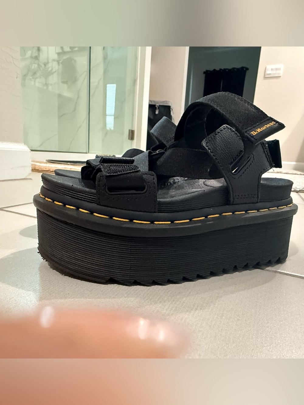 Dr. Martens Black Platform Sandals with Yellow Stitching